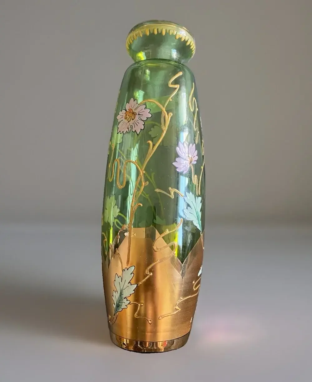 Fritz Heckert Style Art Nouveau Green Floral Gilt Enamel Blown Glass Vase 9.25